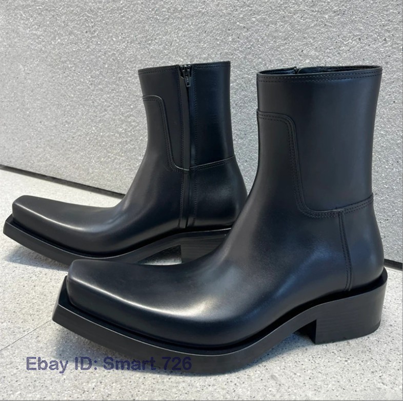 Men's High Top Square Toe Ankle Boots Leather Dress Formal Chelsea Shoes Biker