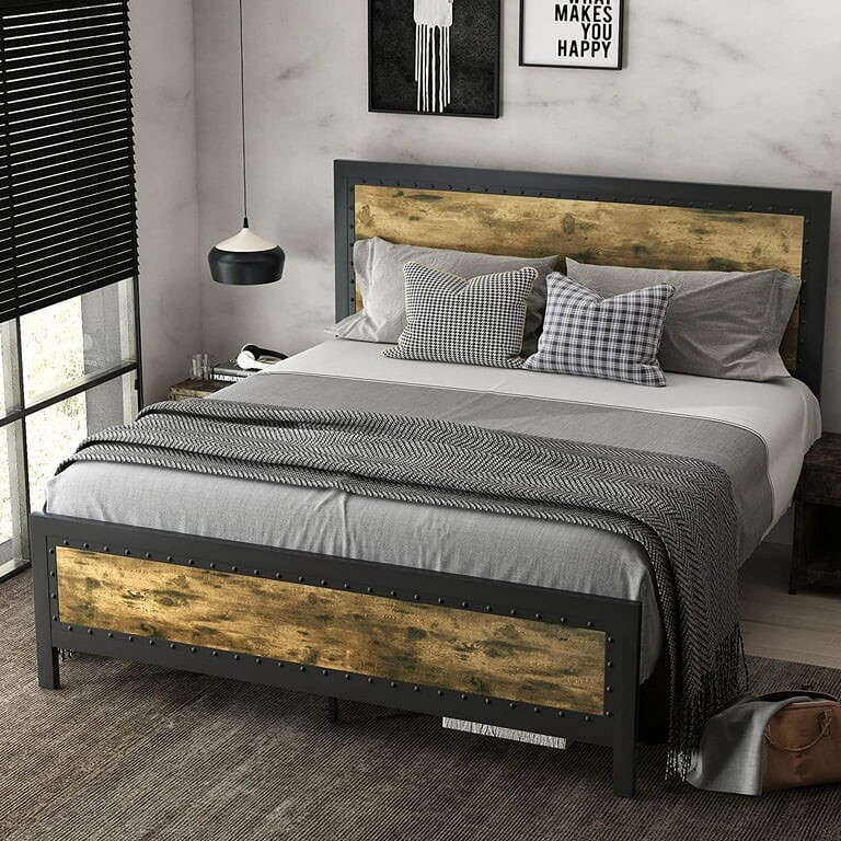 High Quality Metal Bed Frame with Wood Finish (Flecked or Striped) - Full