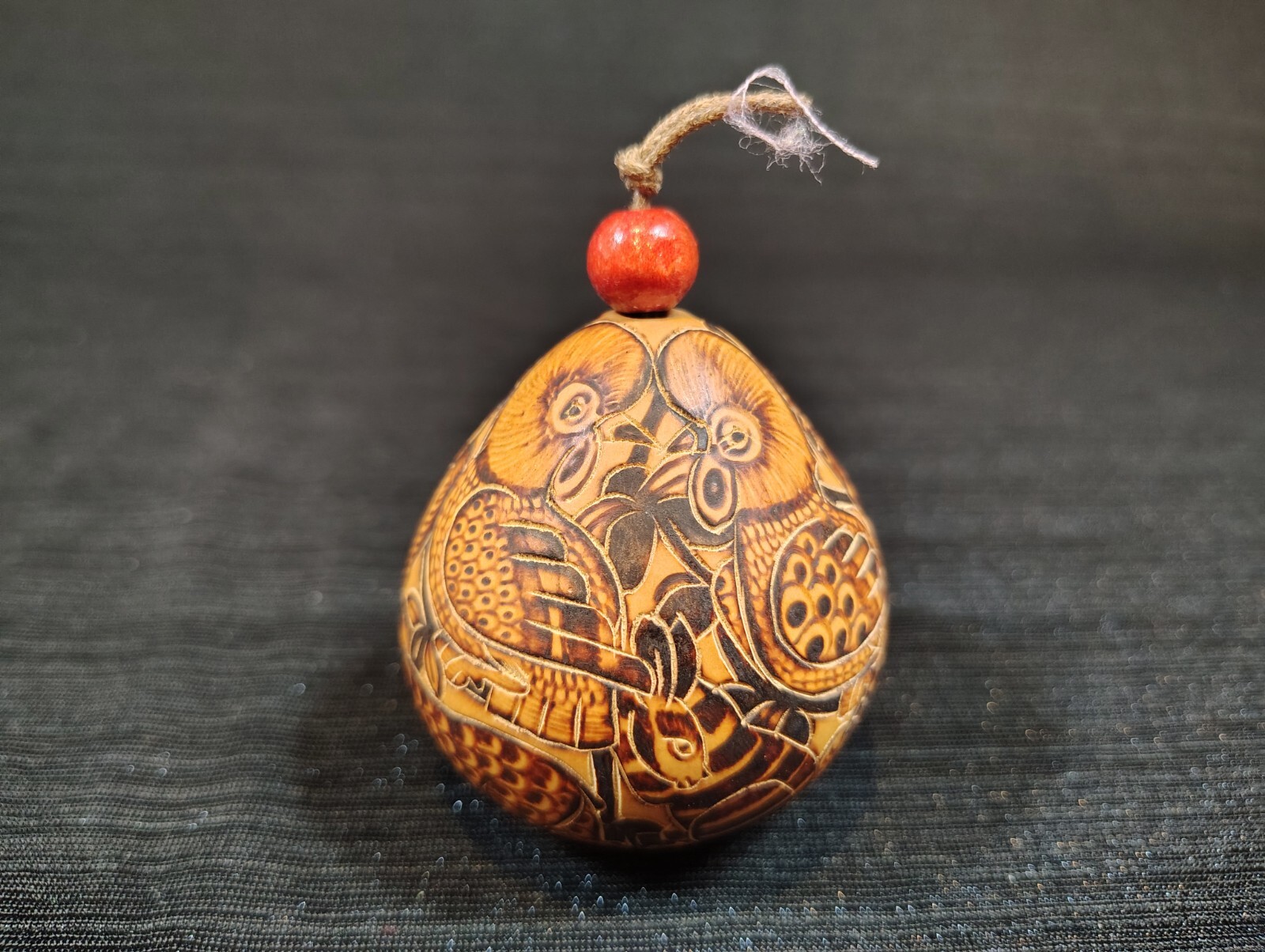Peruvian, Hand Carved, Mini, Natural, Gourd, Ornament, Art, Detailed, Brown