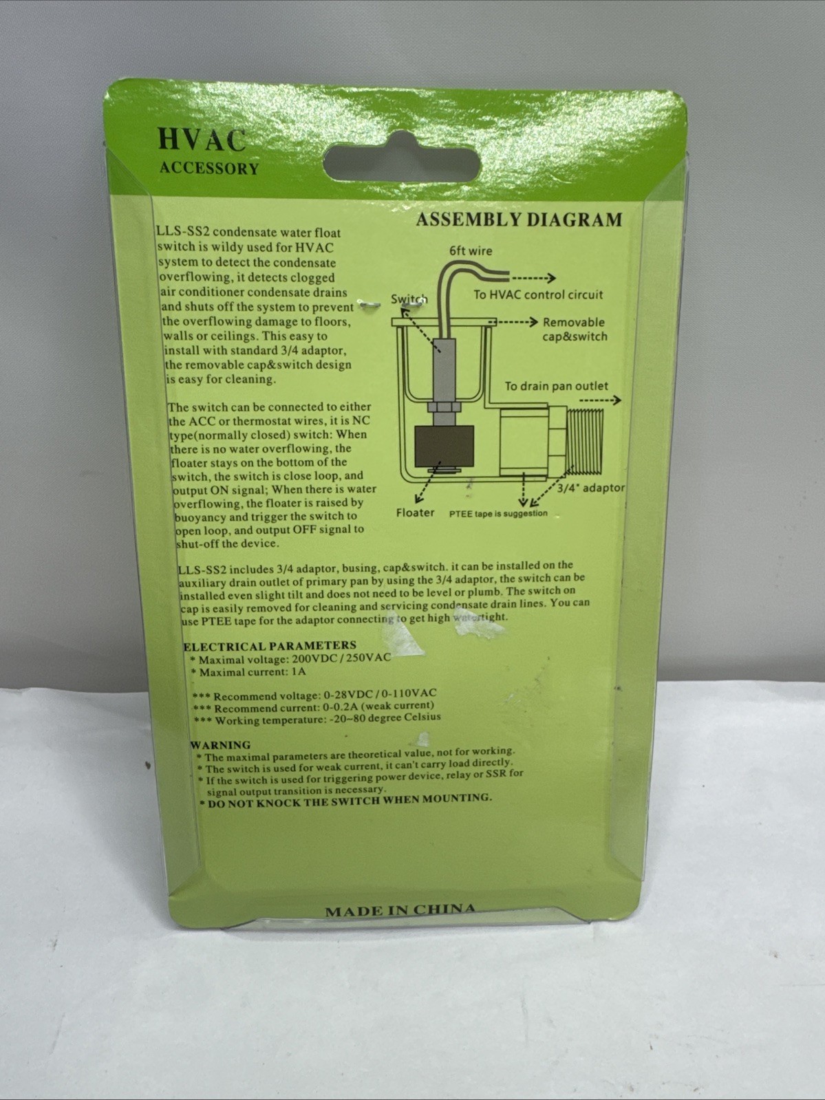 SS2 Condensate Float Switch Clear Overflow Safety Level Sensor for HVAC - NEW