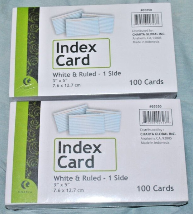 Lot of 2 CHARTA 3 x 5" INDEX CARDS Ruled Lined Pack of 100 (200 total) RECIPES