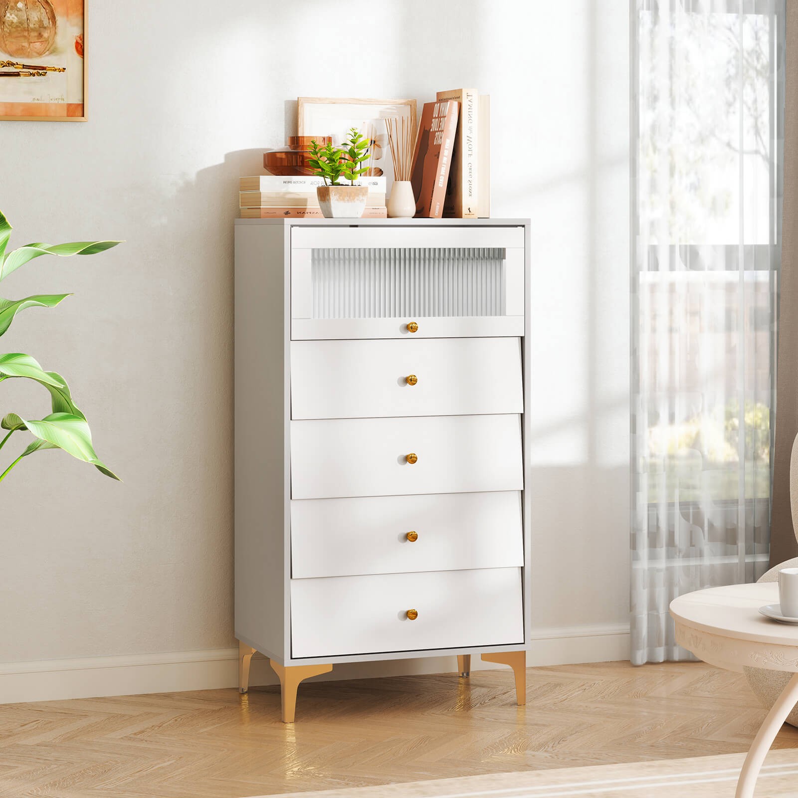 4 Drawer Dresser 44.5" Tall Dresser Chest of Drawers w/Flip-up Fluted Glass Door