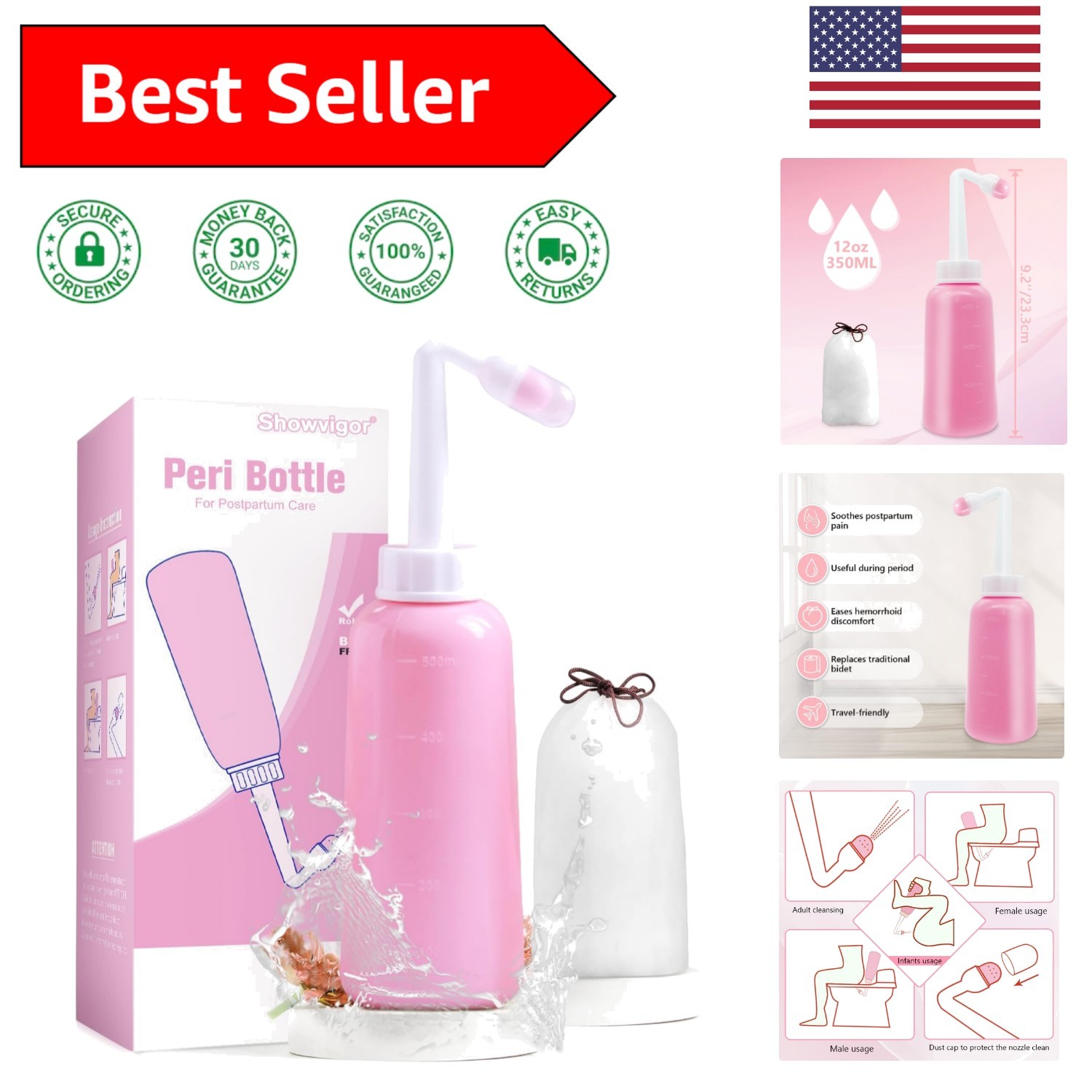 Hygienic Peri Bottle with Adjustable Nozzle - Promotes Healing After Birth