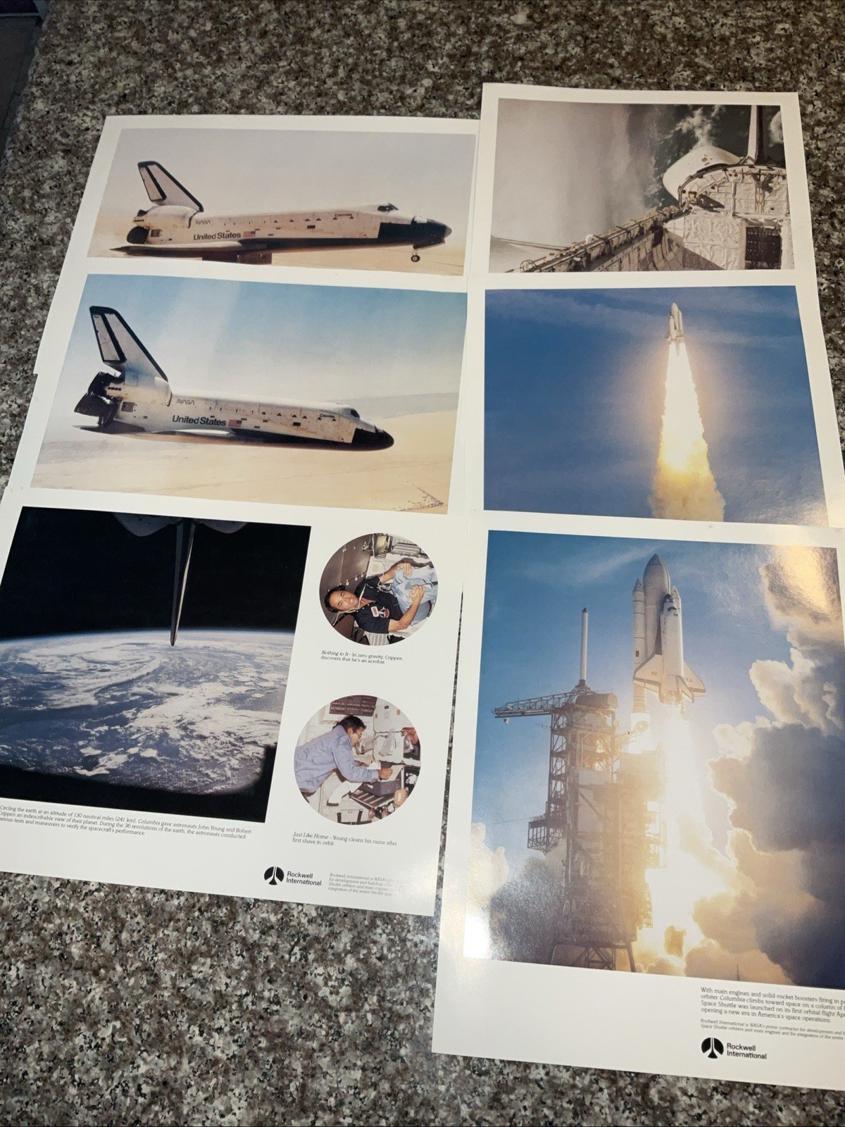 6 NASA COLUMBIA SPACE SHUTTLE 8.5”x11 PRINTS, ROCKWELL INT.