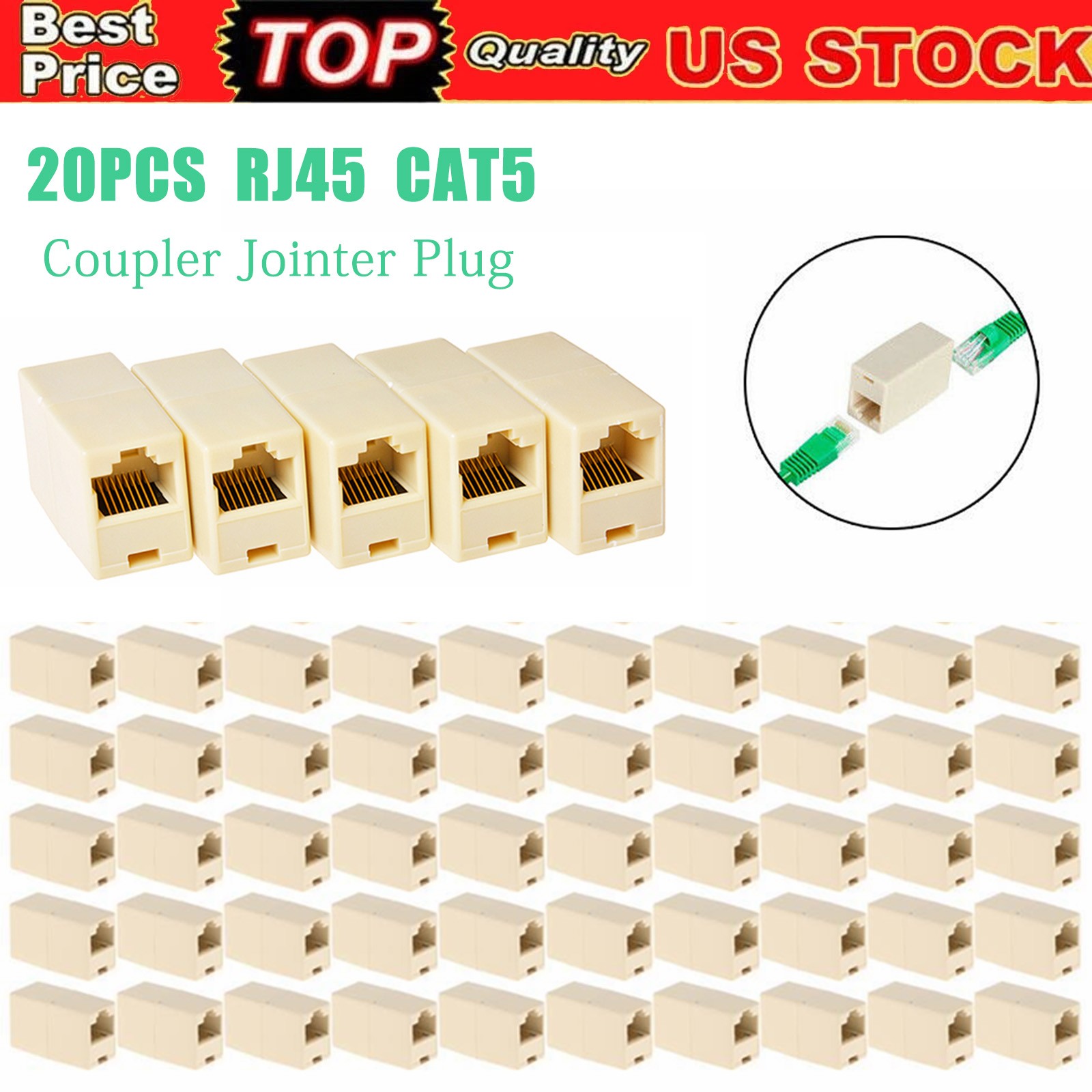 20Pcs Ethernet Cable Internet Cat5e Network RJ45 Coupler Jointer Connector Plug