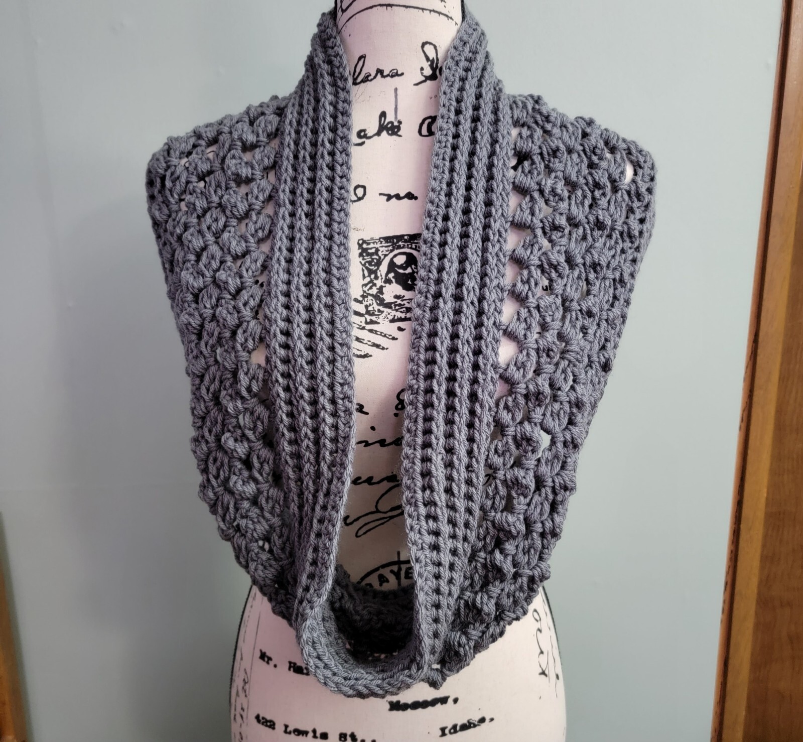 Handmade Shawl Grey Cowl Scarf Wrap Crochet Warm Winter Spring Yarn Art Wearable