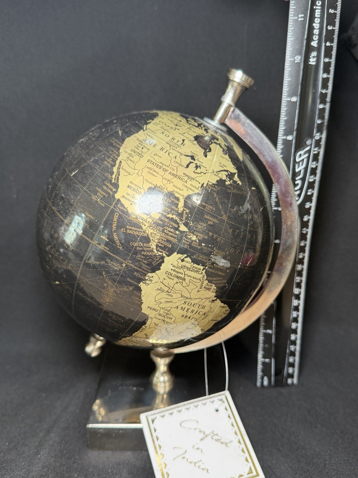 Desktop Globe Crafted In India Tribal Design Black And Cream Metal Base 10”