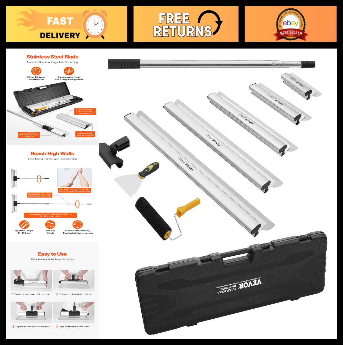 Drywall Skimming Blade Set 10-40" with Extension Handle, Stainless Steel Knife f