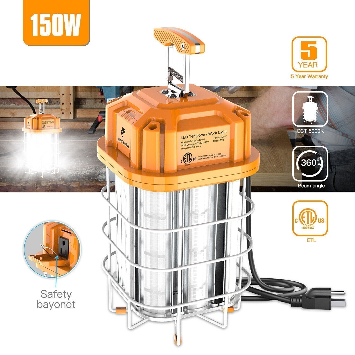 150W LED Temporary Work Light High Bay Construction Jobsite Area Light Linkable