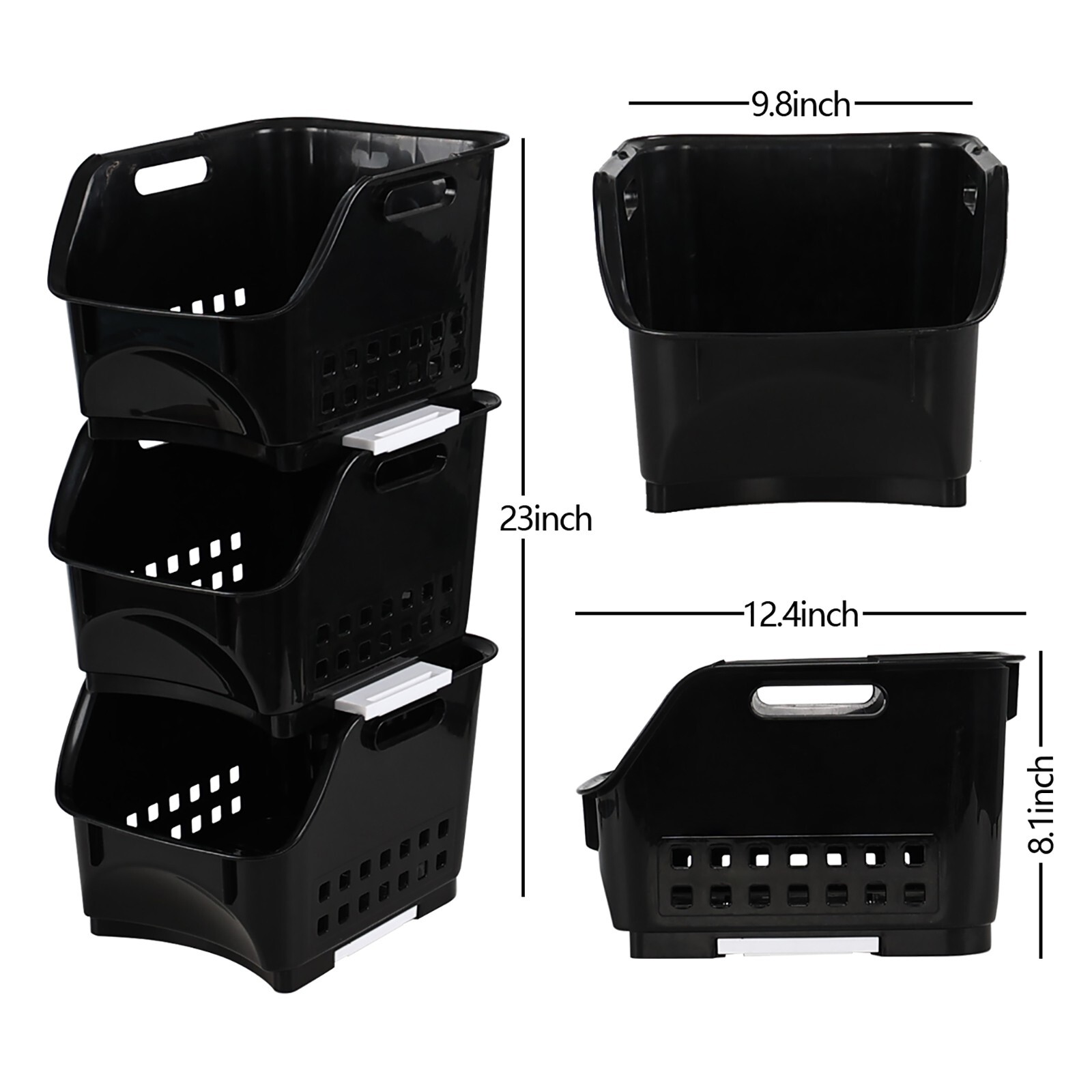 3 Packs Plastic Stacking Storage Basket, Large Detachable Stacking Bins, Black