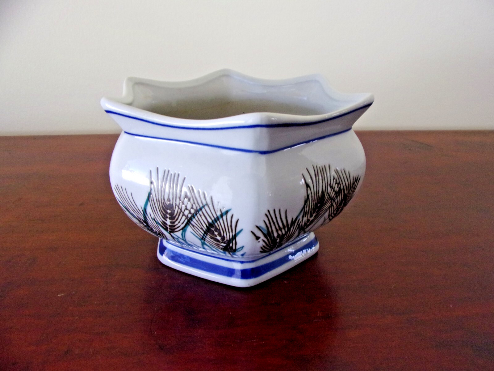 Six Sided Ceramic Planter With Blue Star Mark Made In China