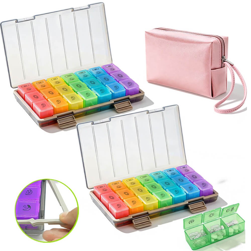 Pill Organizer Pill Case One Week 3 Times a Day Moisture-Proof 2 Cases +1 PU Bag