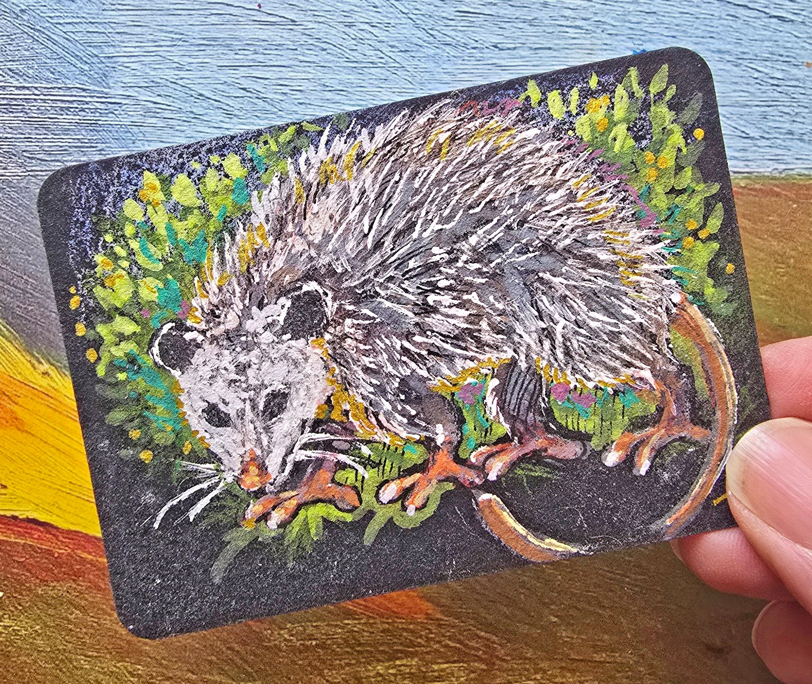 ORIGINAL ACEO Art OPOSSUM SPRING Animal Flowers Posum Nature Signed art card