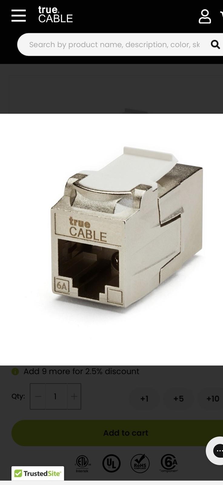 True Cable Cat6A Shielded Keystone Coupler | 12 Pieces