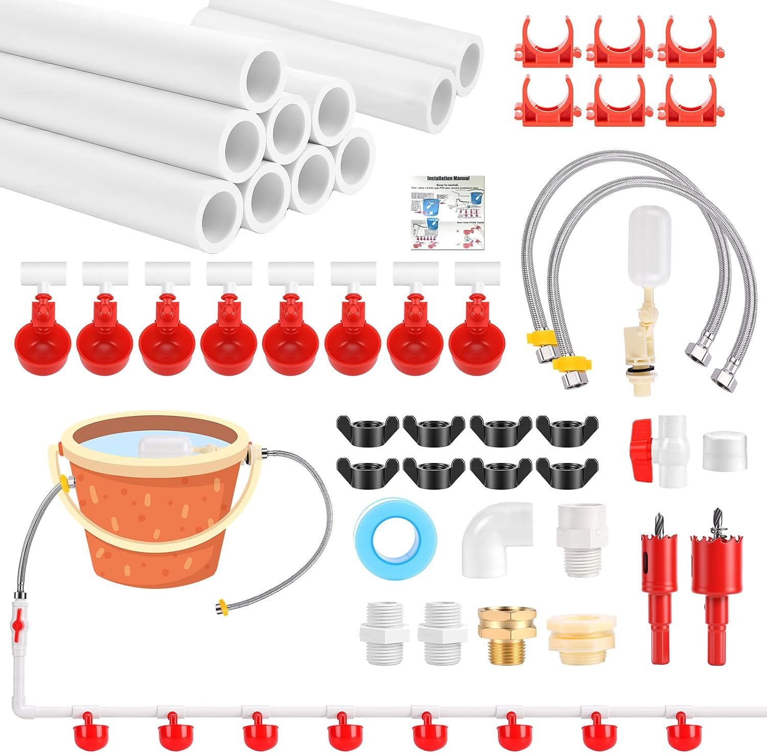 Automatic Chicken Waterer System with PVC Pipeline, Water Cups, Float Valve and