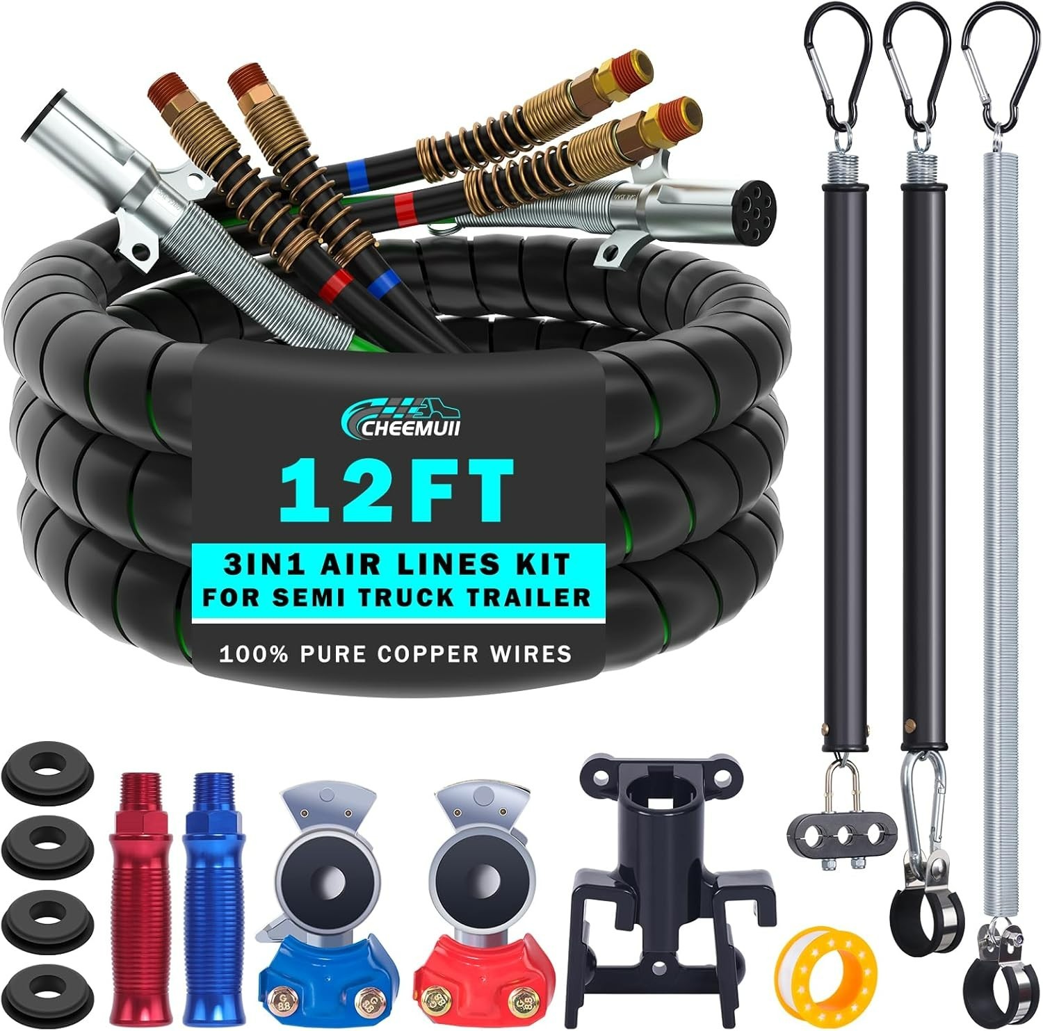 12FT Semi Truck Air Line Kit with Gladhands Air Line Holder and Springs Kit 7...