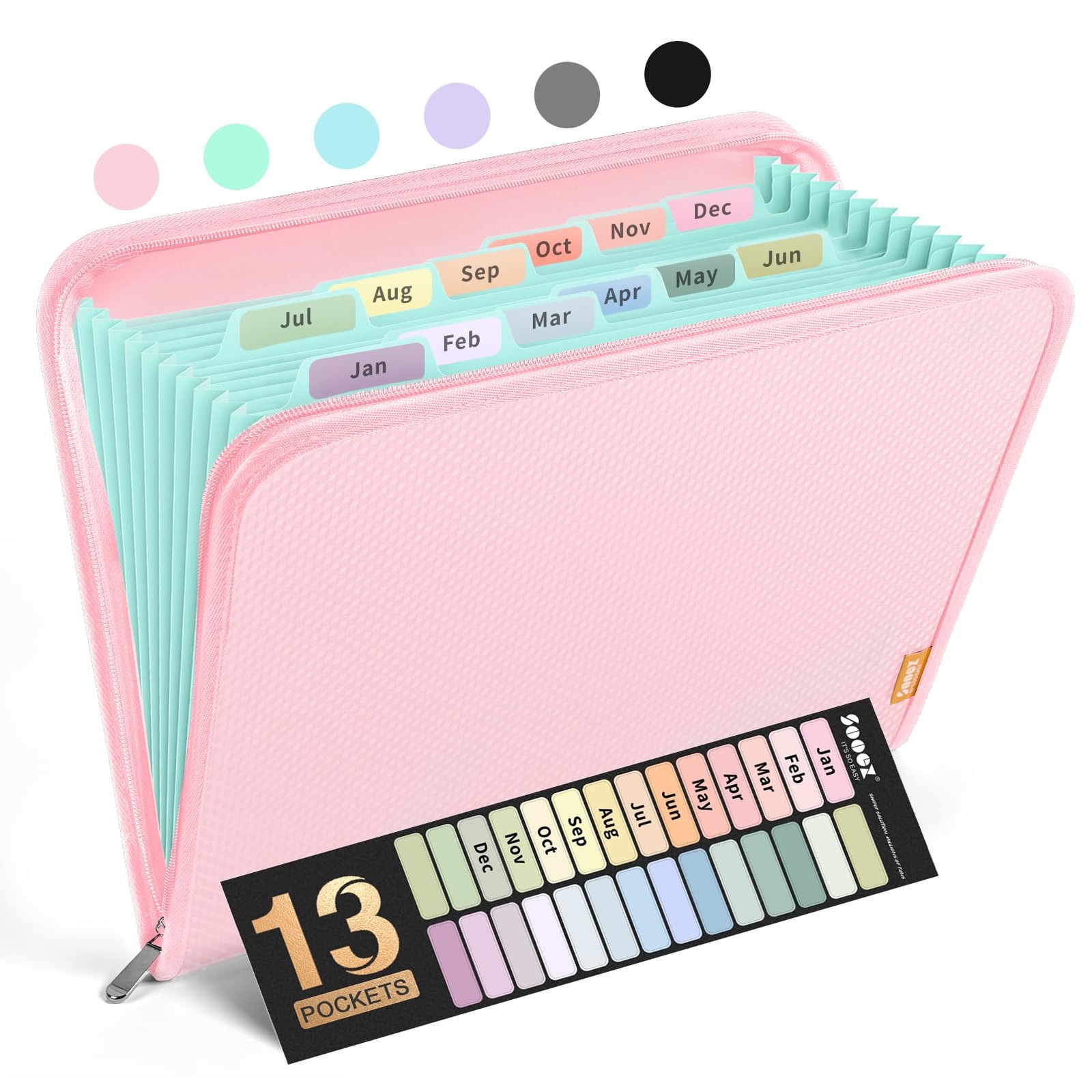 13 Pocket Accordion File Organizer Zipper Expanding Folder A4 Letter Pink