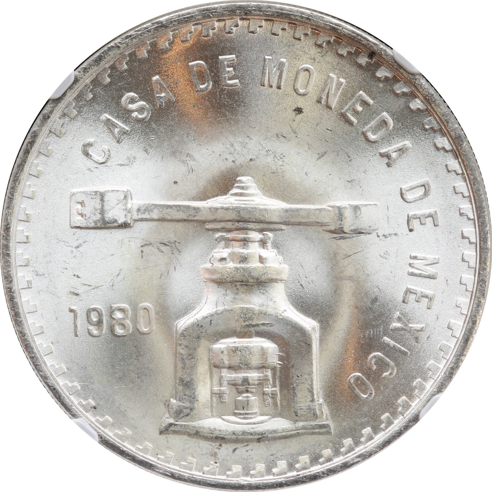 Mexico 1 Troy Ounce 1980/70 Overdate, NGC MS65, Very Scarce. KM# M49b.5 (010)