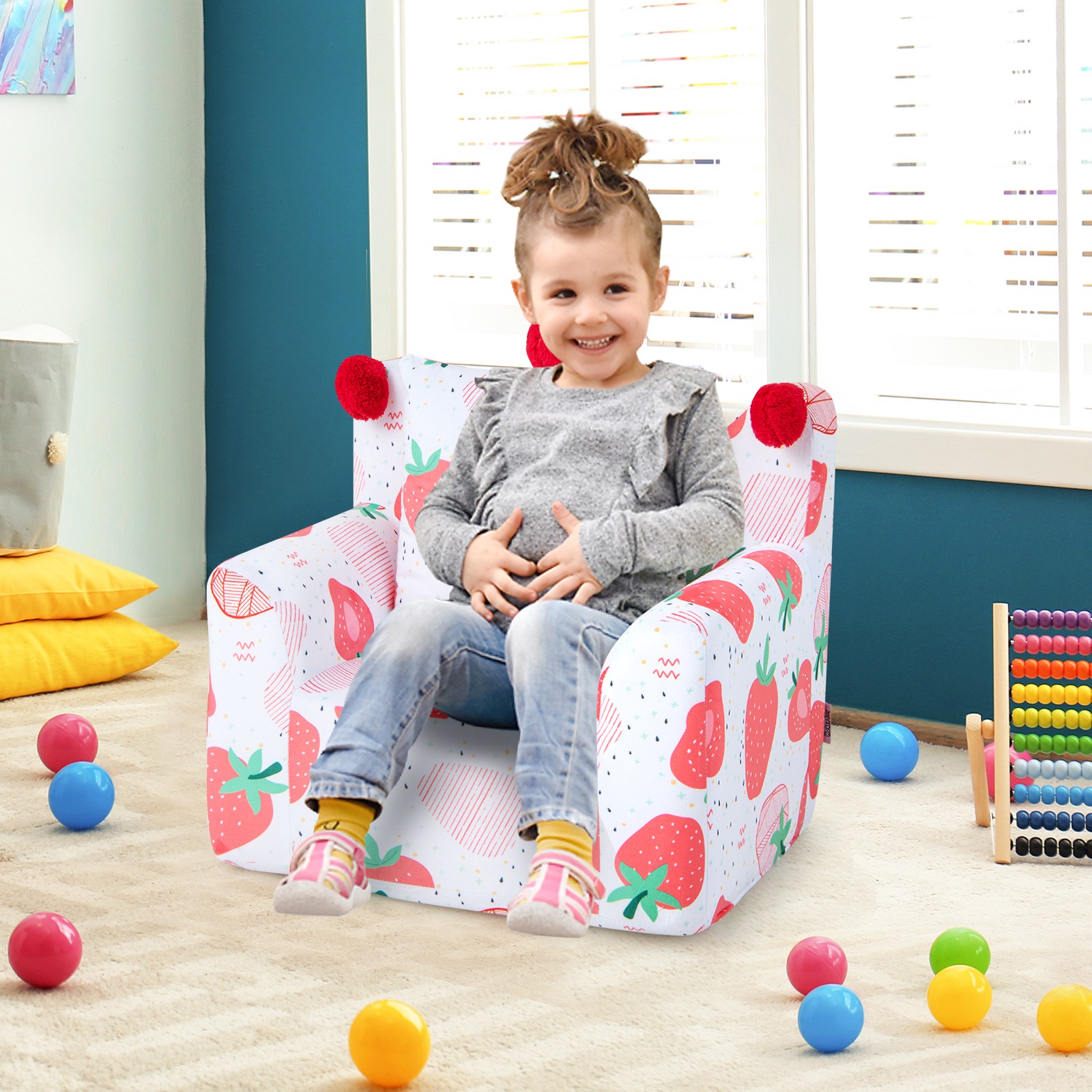 Kids Sofa Chair Foam Filled Armchair Strawberry Toddler Couch w/ Cover & Pillow