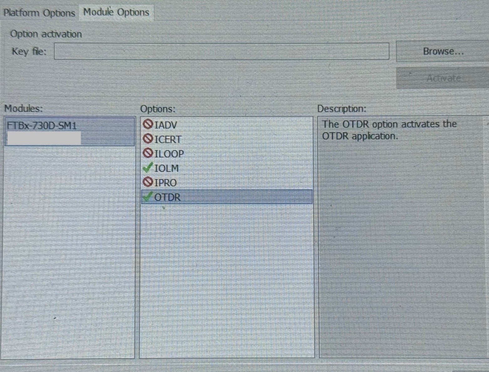 Exfo FTBx-730D-SM1 OTDR IOLM Module 1310/1550