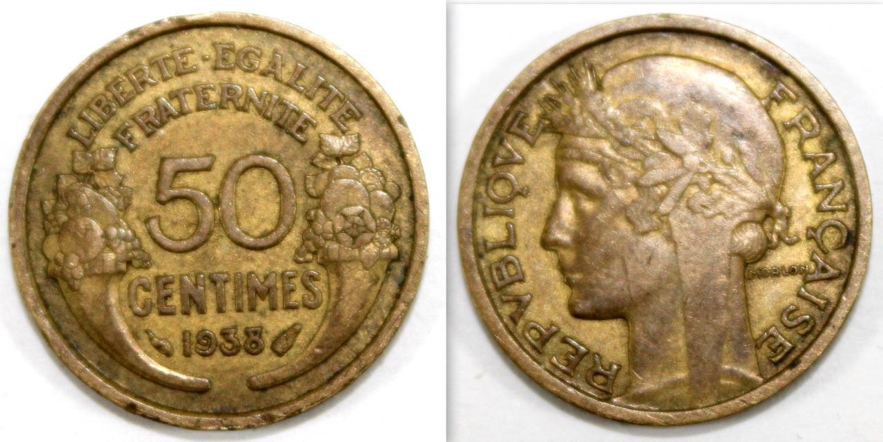 1938 France 50 Centimes Coin ~ Marianne ~ Liberty Equality Fraternity