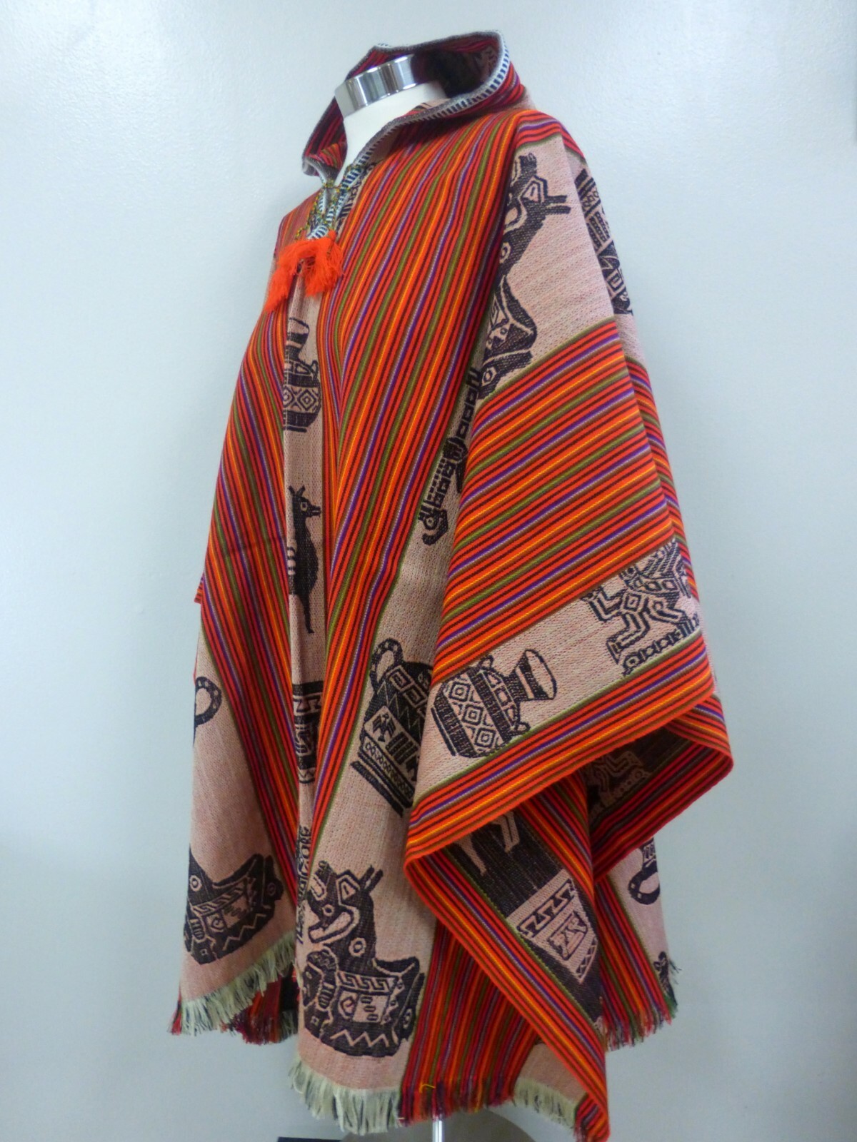 Andean Shamans Hooded Orange Tones with Colored Designs Poncho
