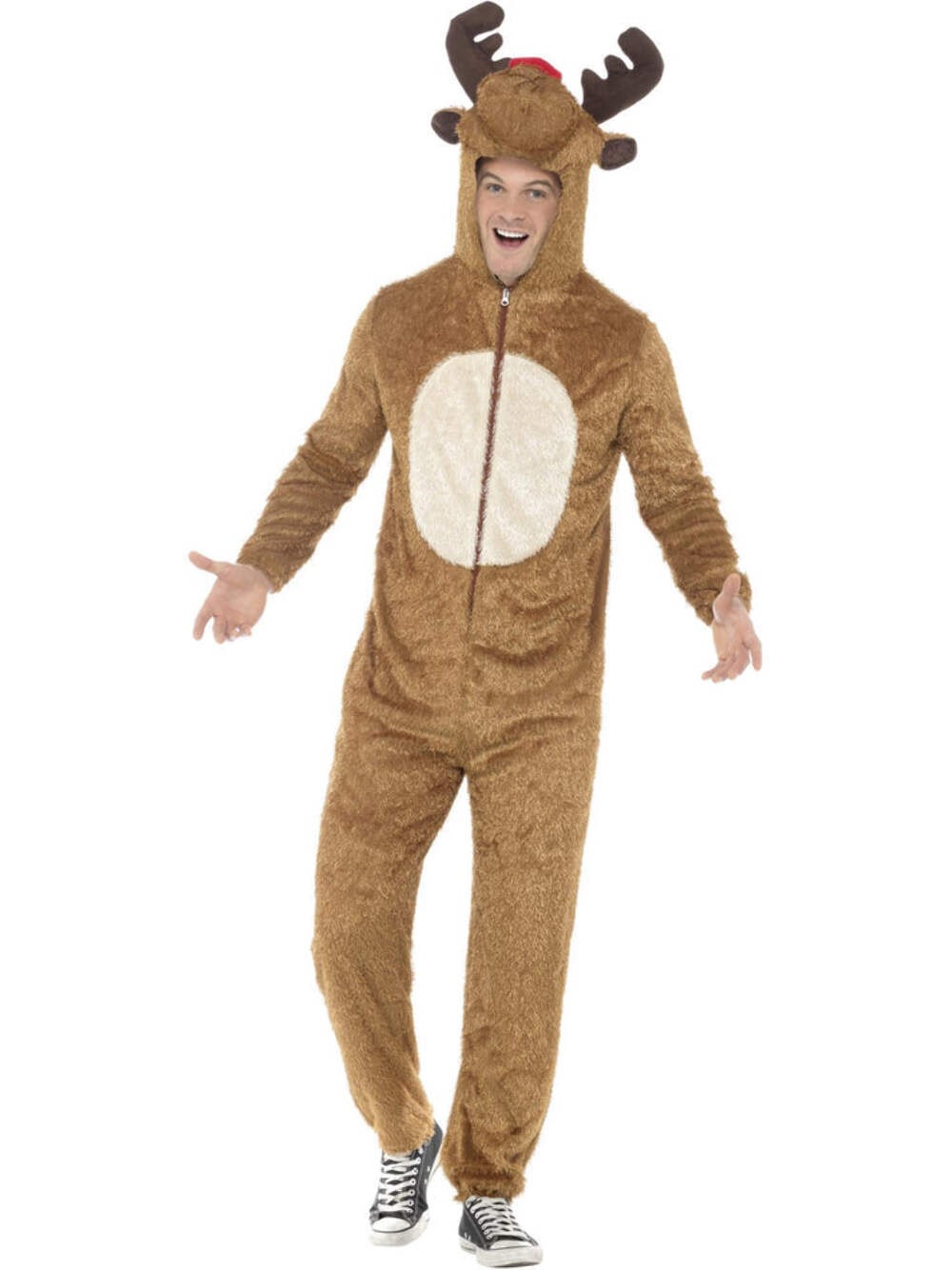 Reindeer Costume Adult Brown White Hooded Jumpsuit with Antlers and Face