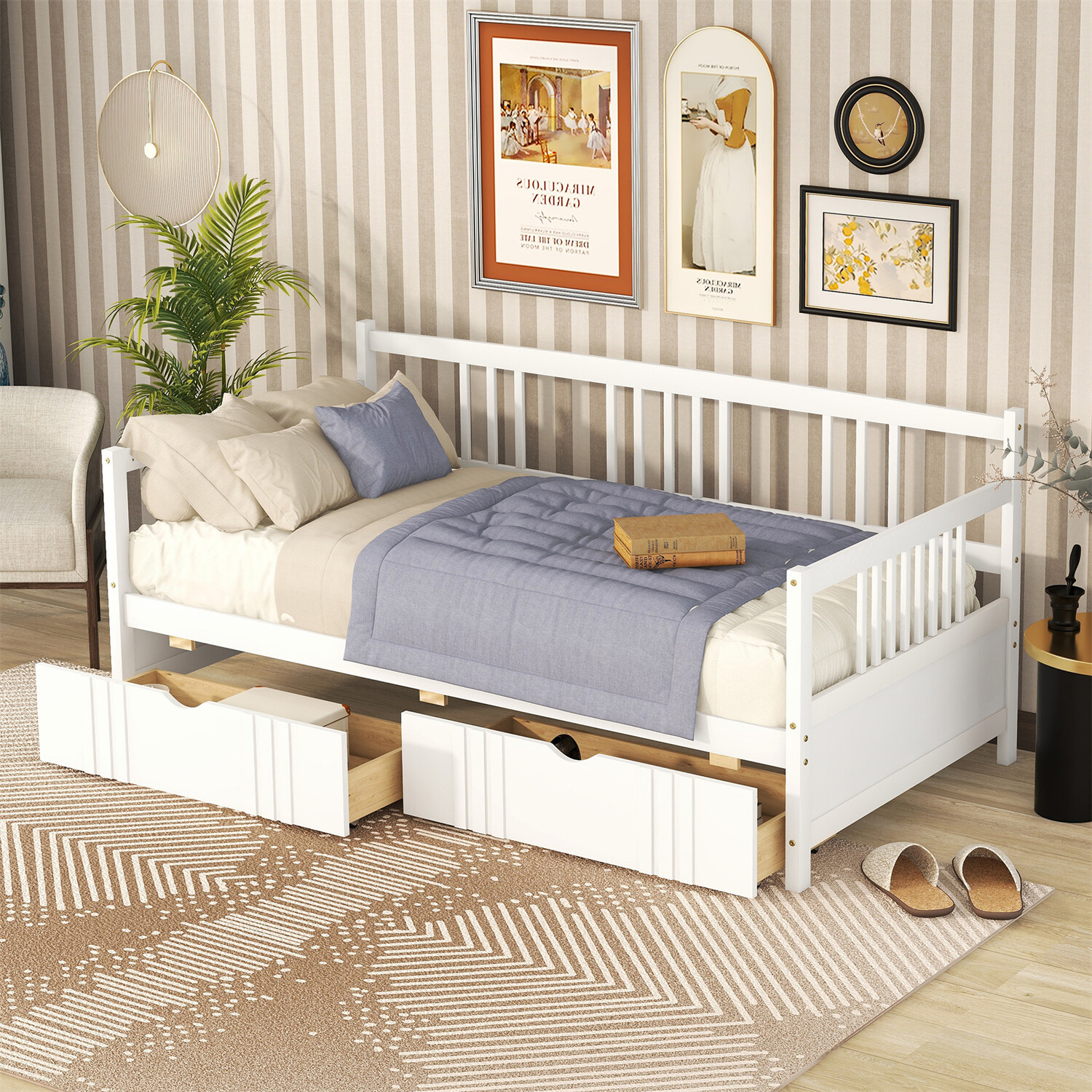 Twin Size Daybed Wooden Bed Frame Sofa Bed with 2 Drawers White/Espresso US