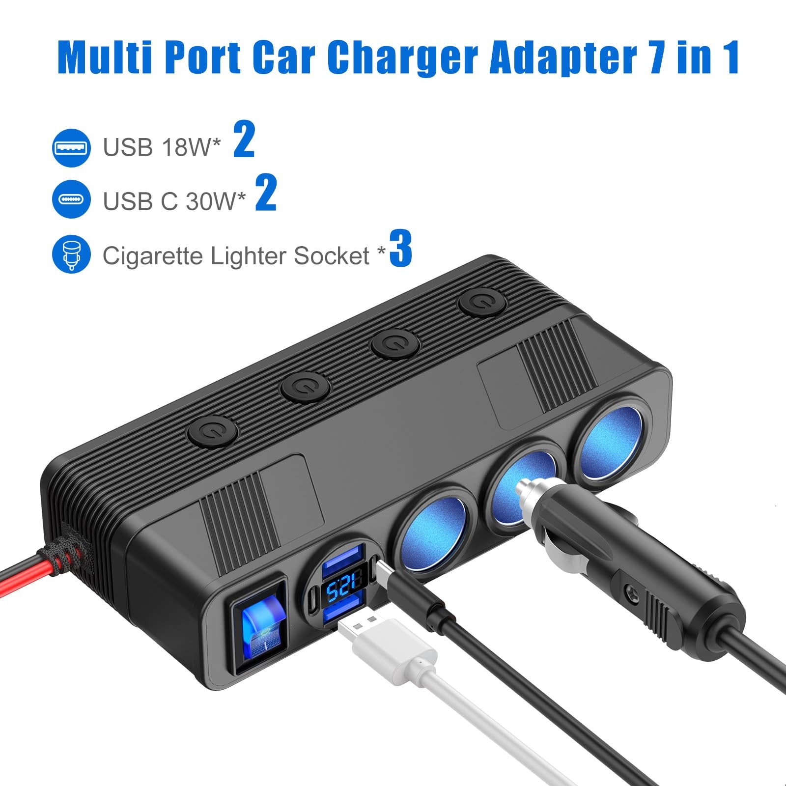 12V 24V Car Charger Socket Splitter with 10FT/3M Cable, 3 Cigarette Lighter S...