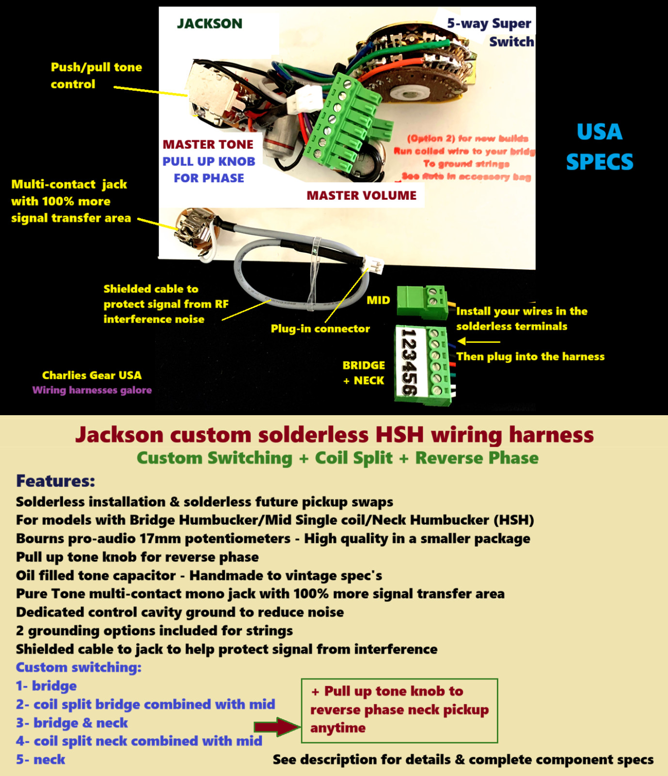 Jackson Solderless HSH Wiring Upgrade- Custom Switching /Coil split/Phase