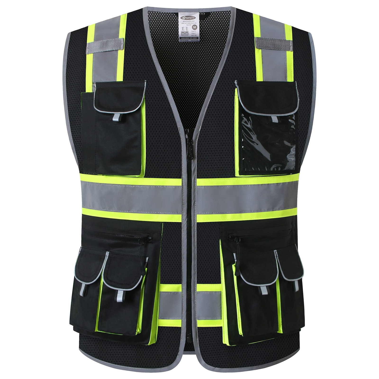 JKSafety 10 Pockets Hi-Vis Neon Color Frontal Zipper Mesh Safety Vest for Men...
