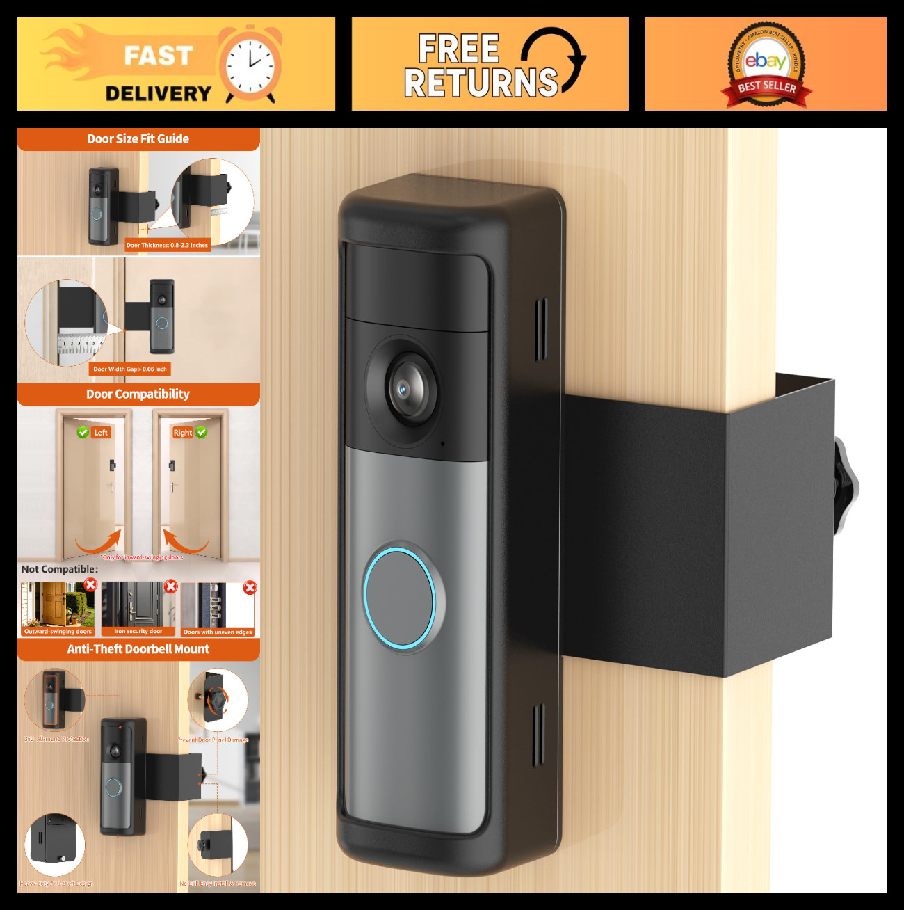 No-Drill Doorbell Mount with Rain Cover, Anti-Theft Bracket for Battery Doorbell