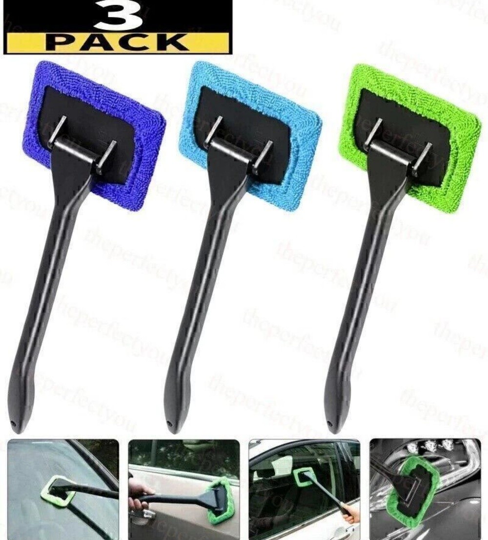 3Pcs Car Windshield Cleaning Tool Interior Glass Window Cleaner Wand Brush Pad