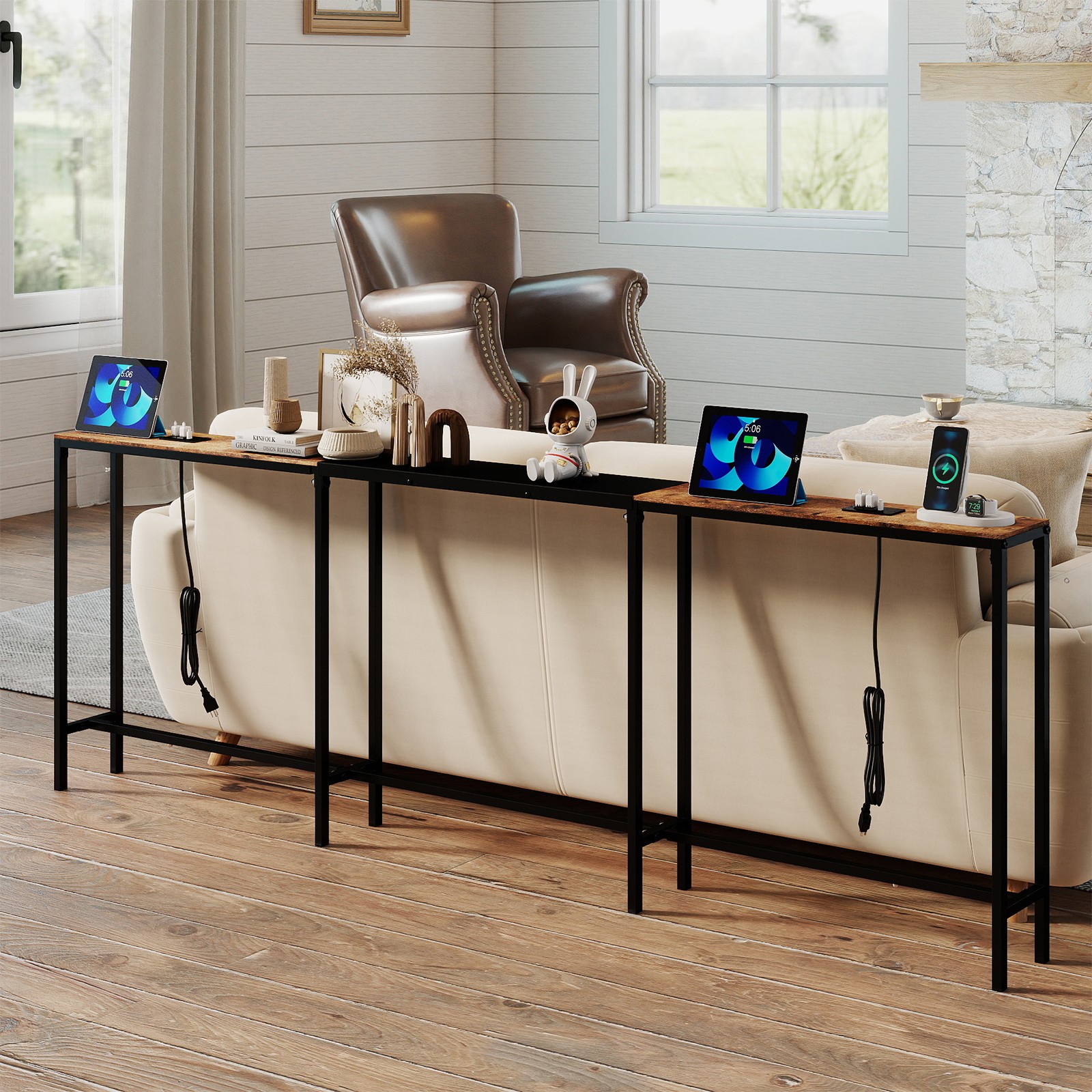 DUJAHM Narrow Sofa Table Behind Couch Table 157.5 Inch Adjustable with Charging