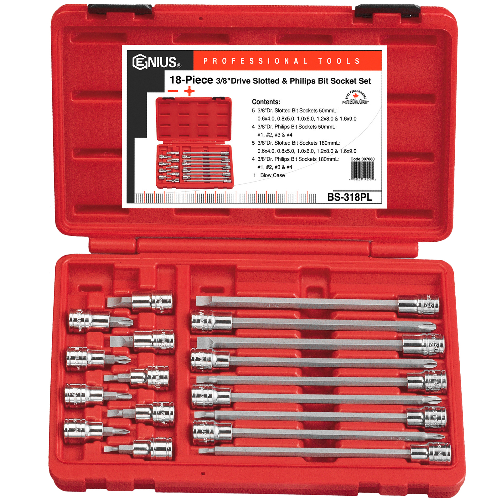 Genius Tools 18 Piece 3/8" Dr. Slotted & Phillips Long Bit Socket - BS-318PL