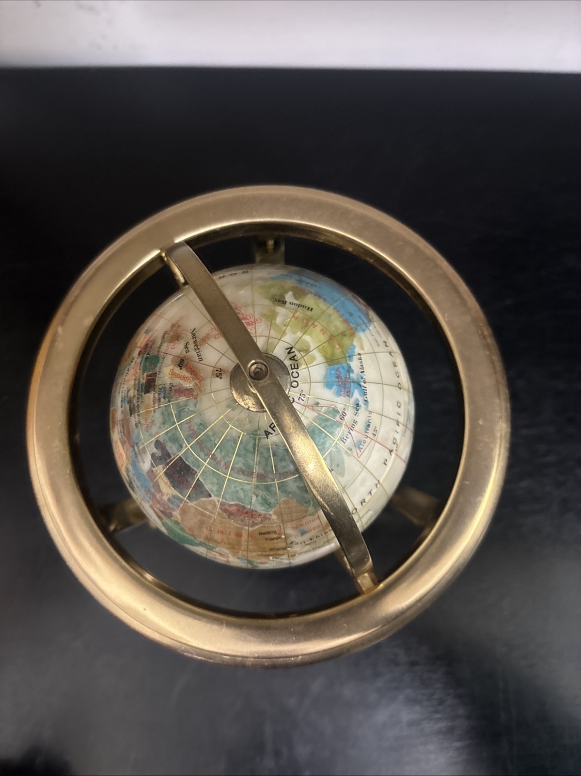World Globe with Gold Metal Stand & Compass