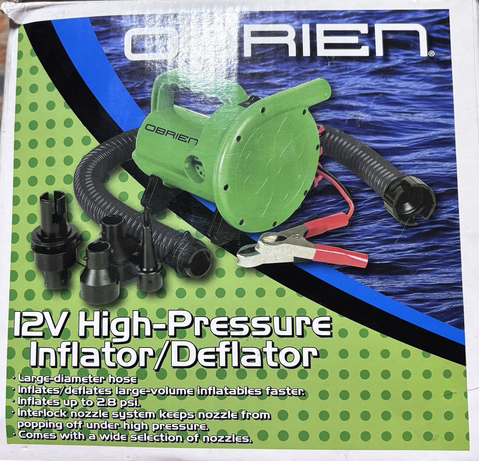O'Brien 12V High-Pressure Inflator/Deflator with Hose and Nozzles