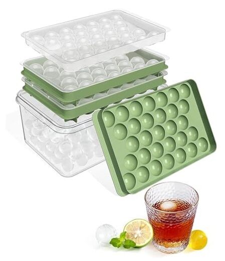 Ice Cube Tray with Lid and Bin,Ice Tray,62 Round Ice Trays Light Green - 2 Pack
