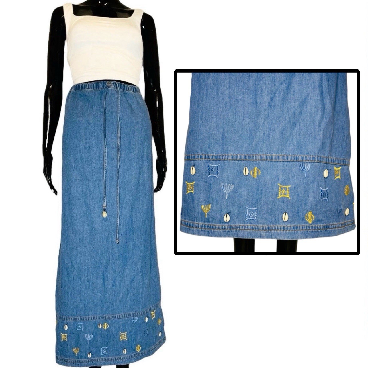 Vintage Blue Jean Skirt w/ African Ghana Adinkra Symbols on Base