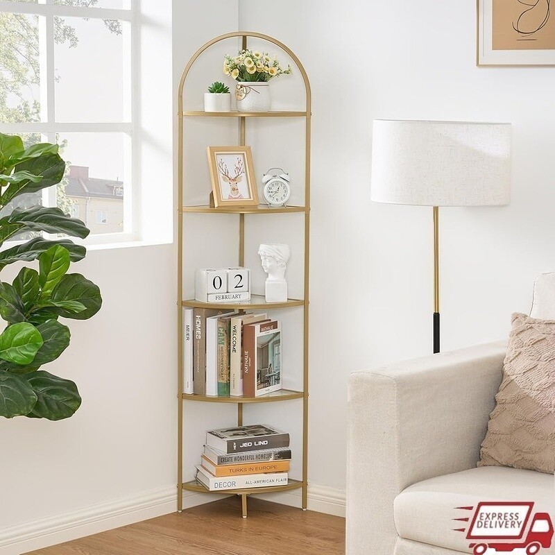 5-Tier Corner Shelf Metal Glass Bookshelf Bathroom Organizer Golden Plant Stand