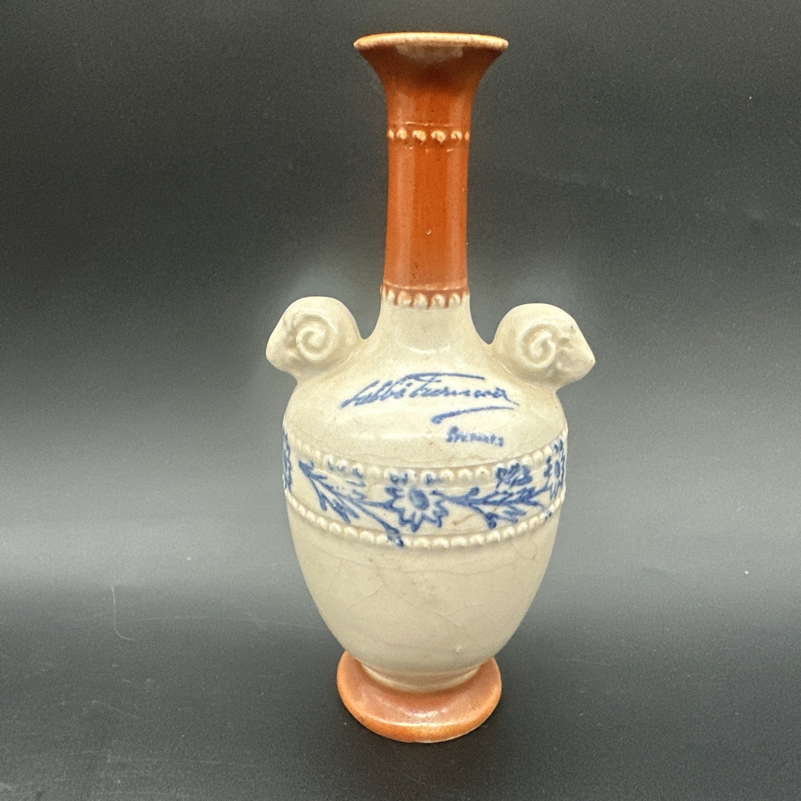 Vintage 1930'S Labbe Francios Ram Heads Ceramic Mini Bottle Collectible 4.75"