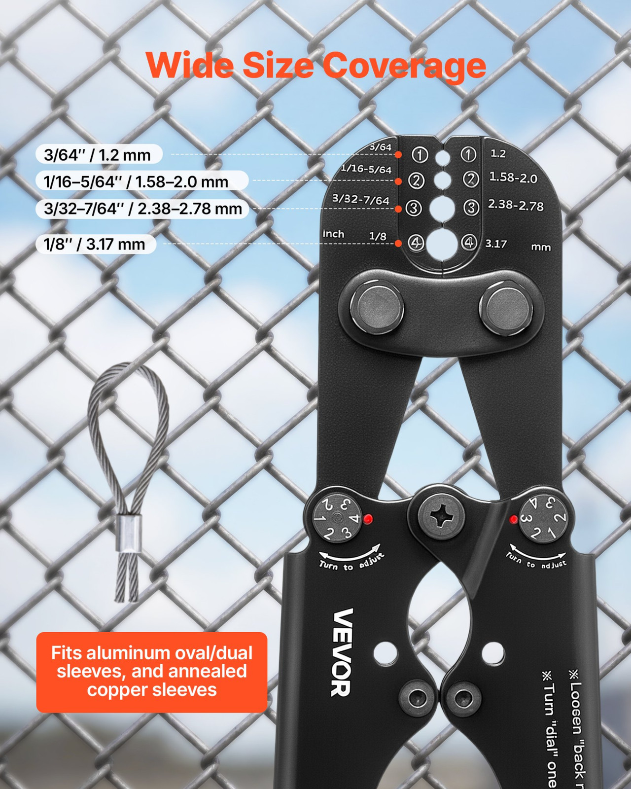Wire Rope Crimping Tool 3/64-1/8" Crimper Pliers Adjustable Force