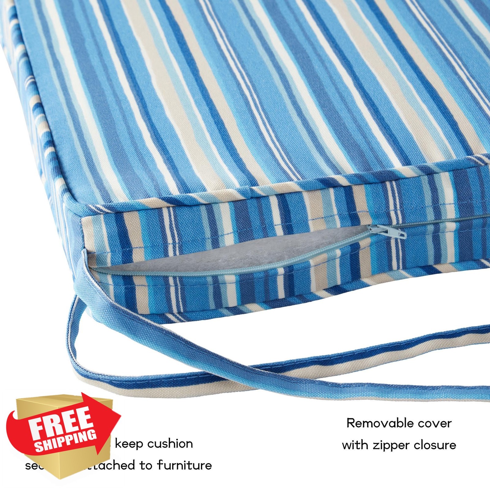 4 Patio Chair Pads: 18" Square, Fiber-Filled Seat Cushions, Sapphire Stripe