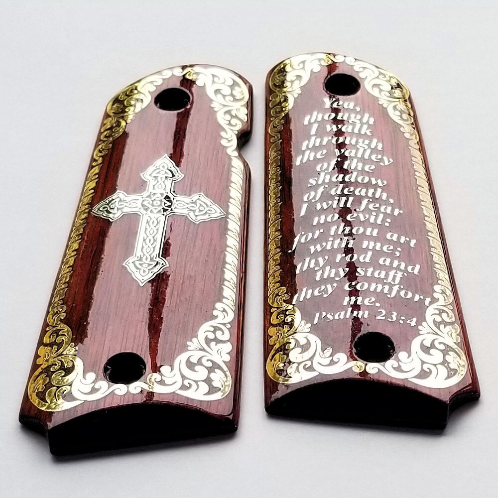 1911 full size custom engraved wood grips gold silver Psalm 23:4 Cross
