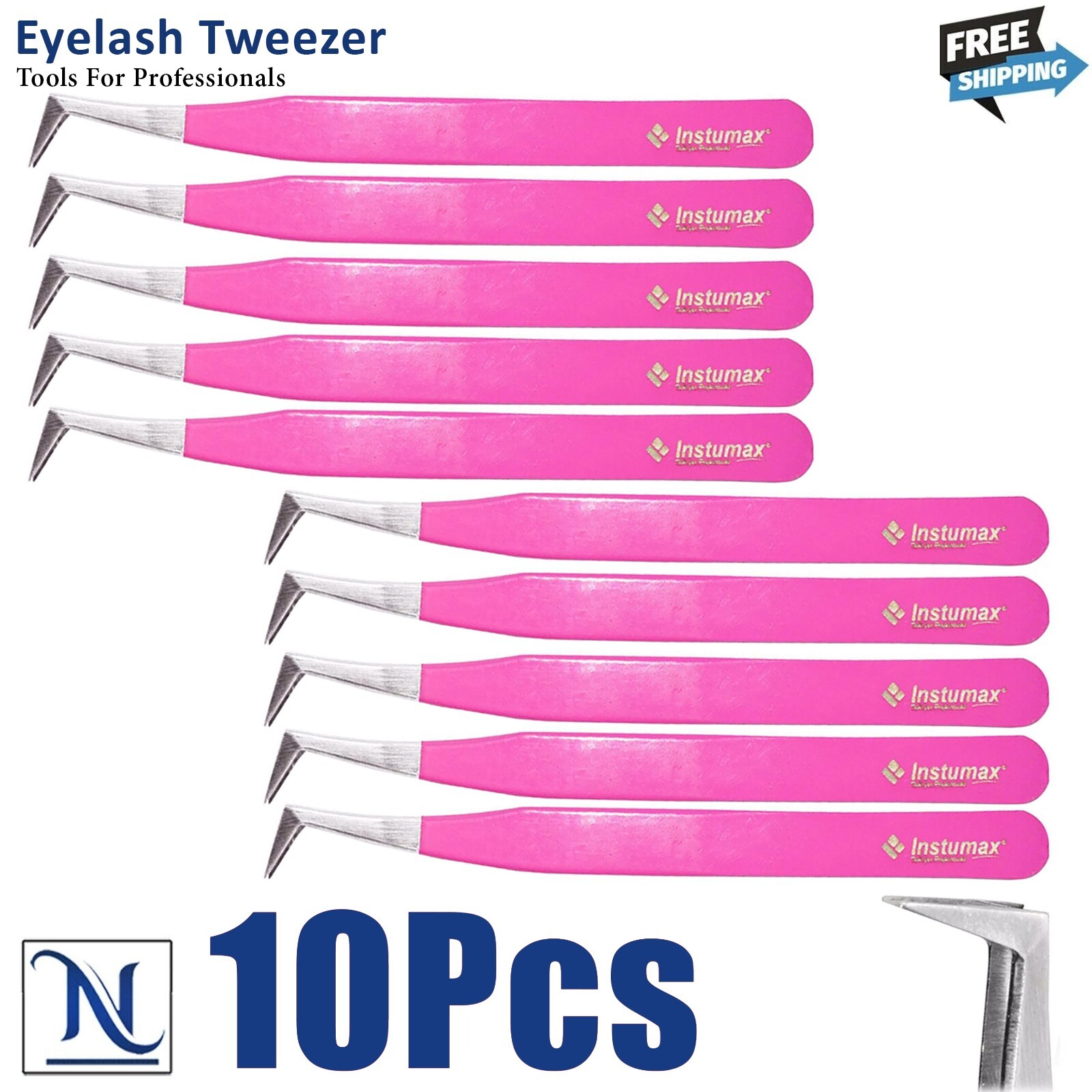 Antistatic L Type Tweezers Pink Color INDIVIDUAL EYELASH EXTENSION TWEEZER 10Pcs