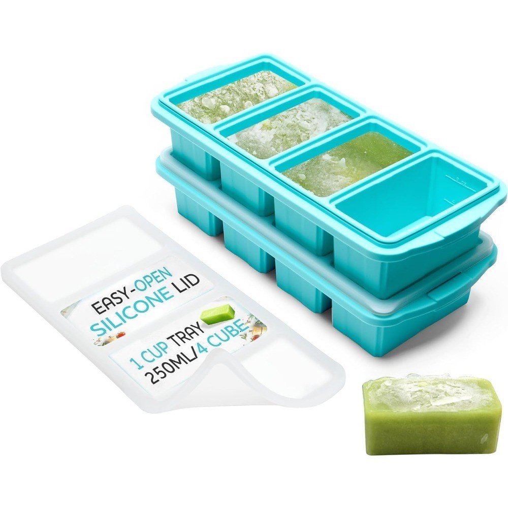 Silicone Freezer Tray With Lid Large Ice Cube Molds 8-Cup Portions Soup Storage