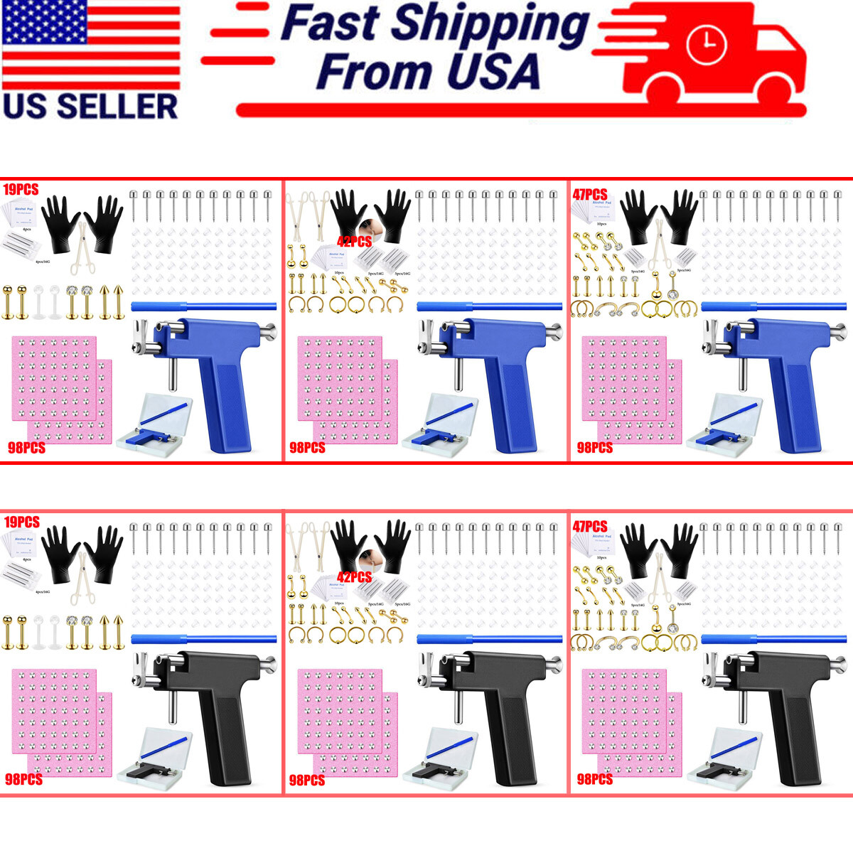 148X Professional Body Piercing Gun Tool Kit Ear Nose Navel Nipple Needles Set