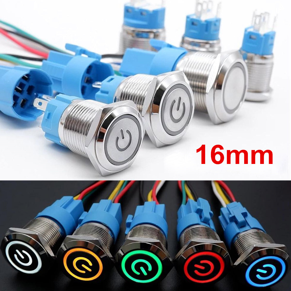 Latching Push Button Power Switch 16mm 12V LED ON OFF Waterproof Stainless Steel