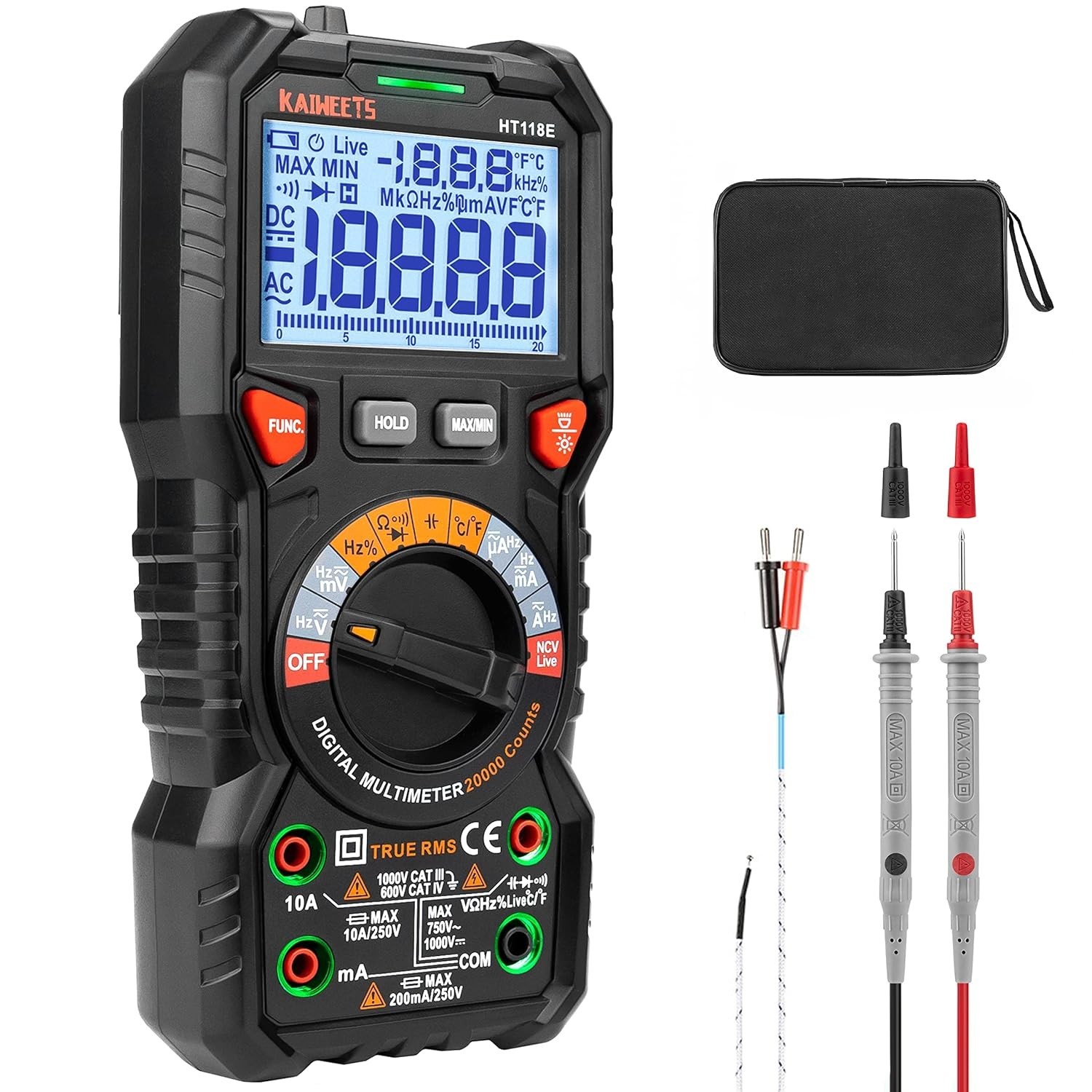 TRMS Digital Multimeter 20000 Counts - Auto-Ranging with Backlight & Case