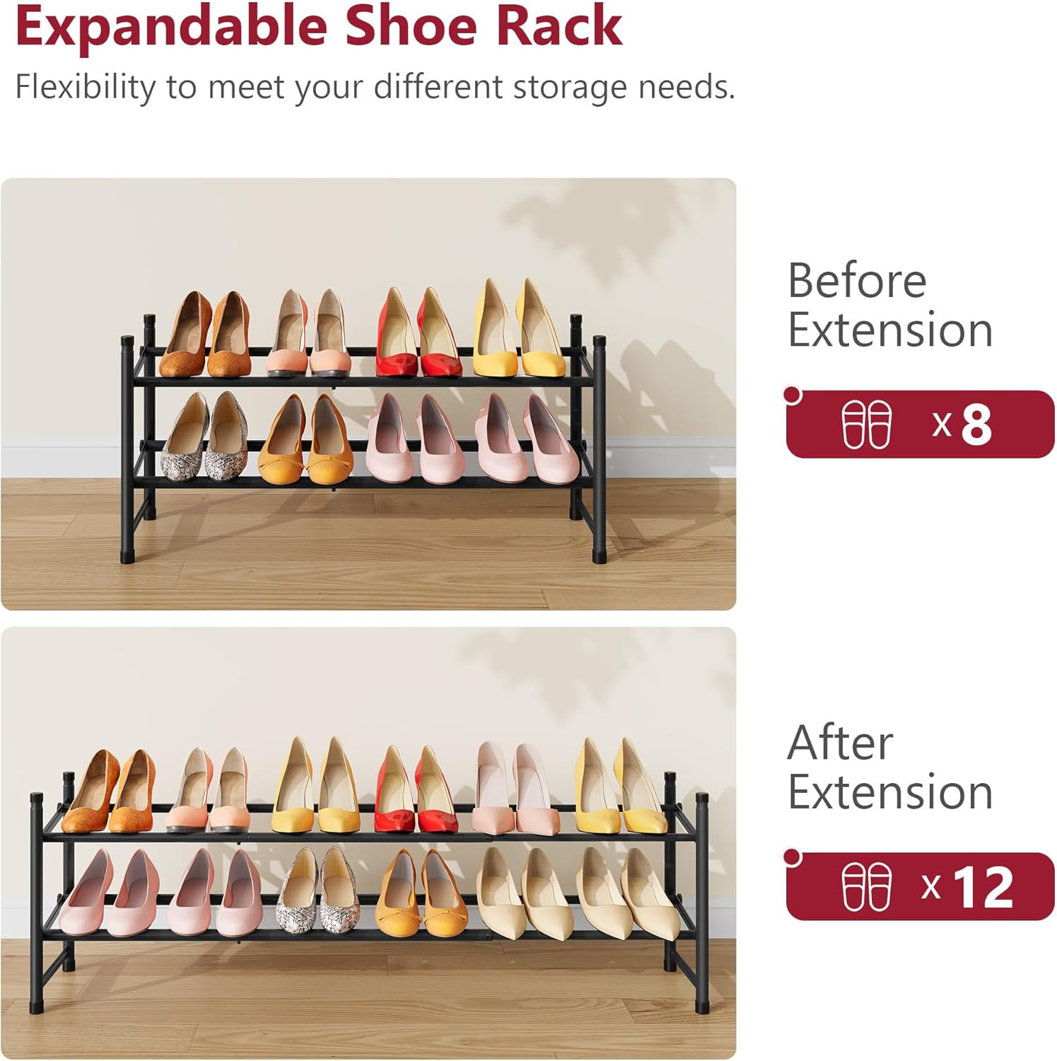 Expandable Shoe Rack for Closet 2 Tier, 28“-41“ Adjustable & Stackable Shoe Shel